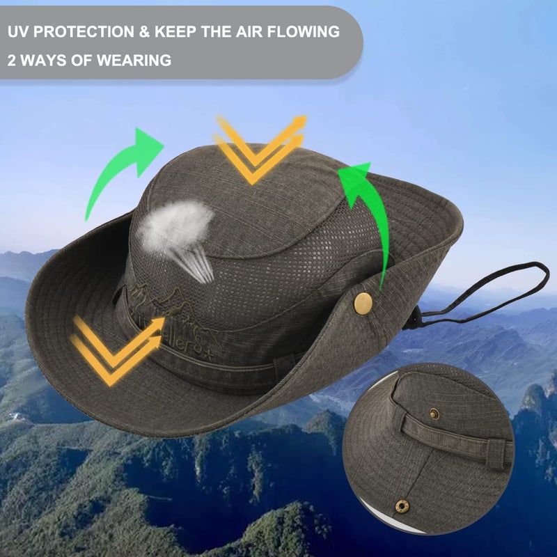 KeepSa Sun Hat for Men, Cotton Embroidery Summer Outdoor Sun Protection Wide Brim Bucket Hat Foldable Safari Boonie Hat Army Green - Image 3